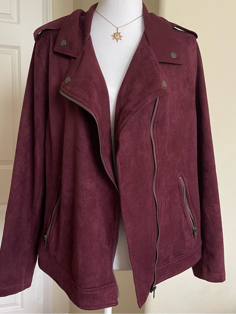 Burgundy Microsuede Moto Zipper Jacket - size XL